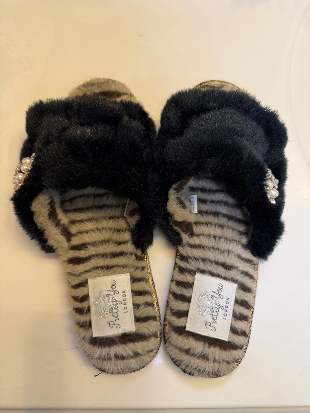 Black Faux-Fur Pearl Slide Slippers - Beautiful London